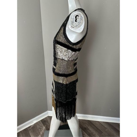 NWT NAEEM KHAN BEADED FRINGE MINI DRESS IN GOLD MULTI $5995 - Picture 6 of 11